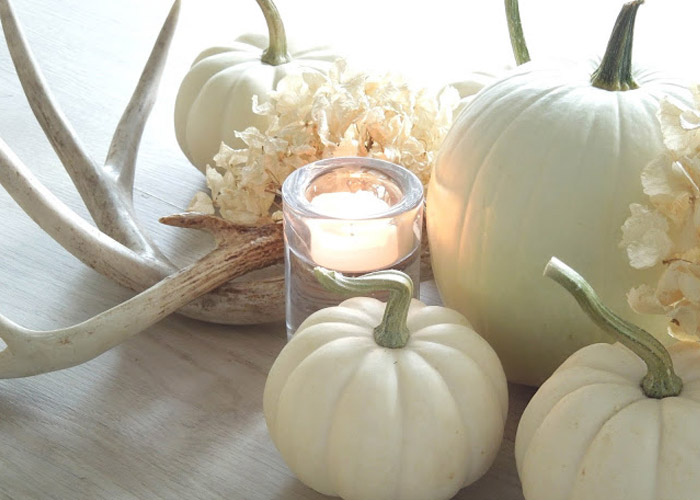 White pumpkins and antlers table centerpiece