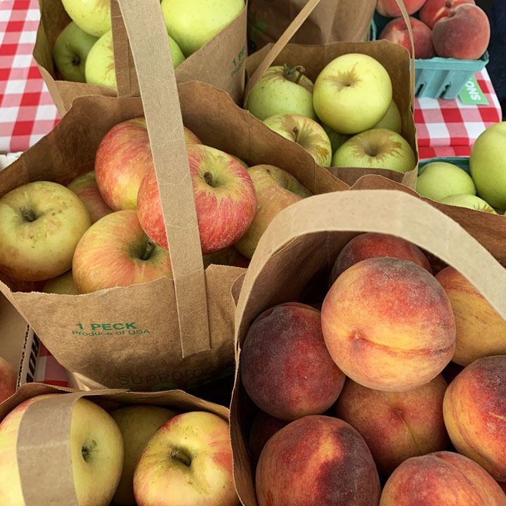 Recyclable apple peck bags from Carter Mountain Orchard at Charlottesville City Market