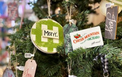 Carter Mountain Orchard gift card on a Christmas tree